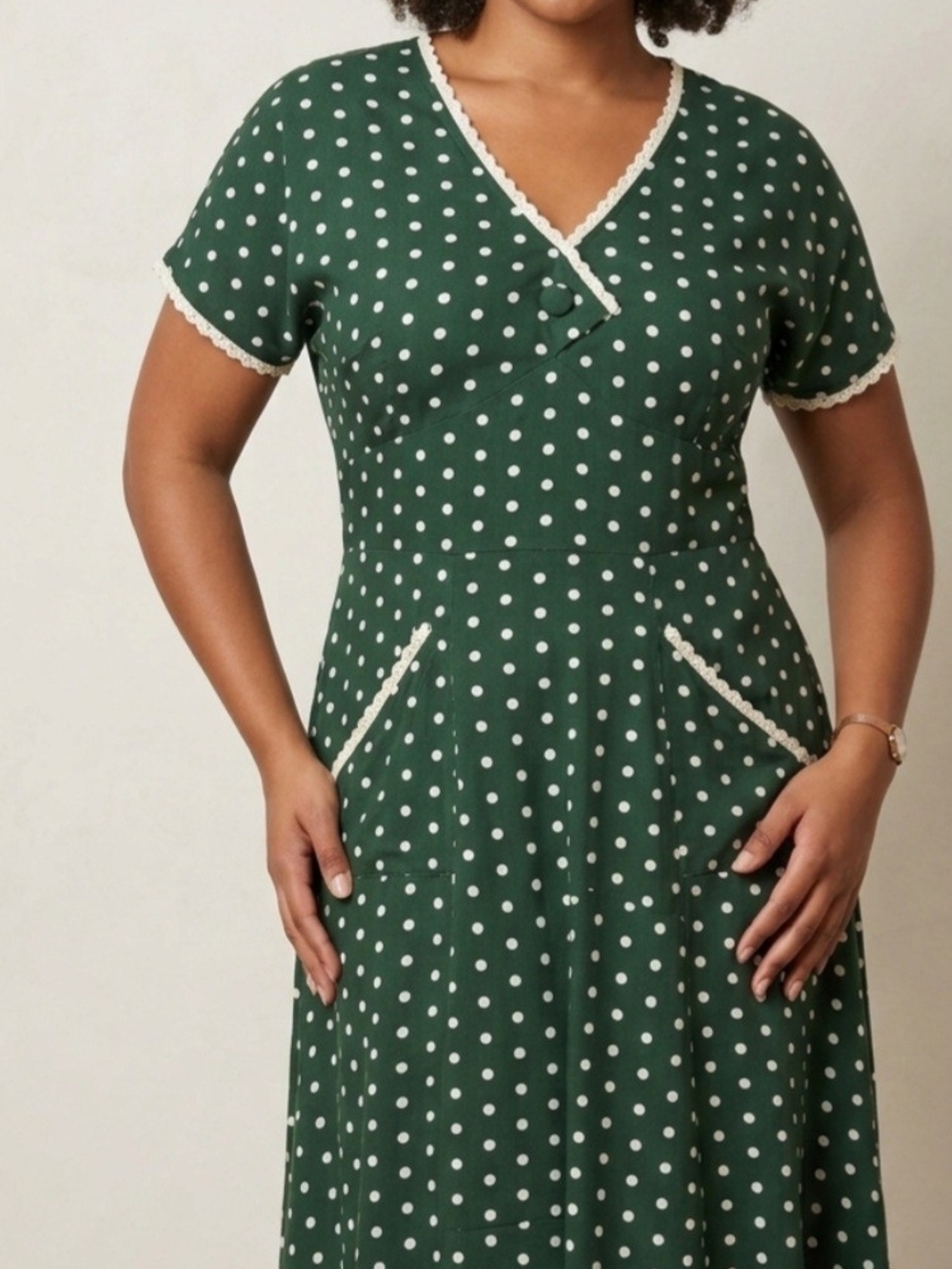 Unique Vintage Dress Dark Green with White Polka Dots Vintage-inspired XL